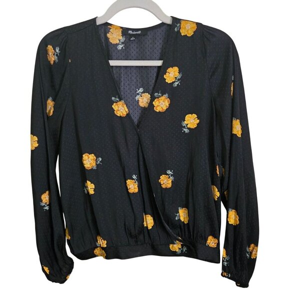 Madewell Bubble Sleeve Wrap Top In Floating Florets Black Gold Size S - Picture 2 of 10